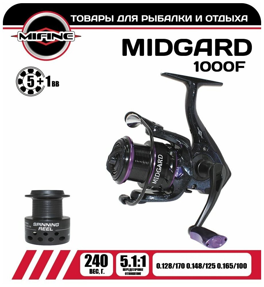 Катушка рыболовная MIFINE MIDGARD 1000F 5+1 подшипник , для спиннинга, для фидера, карповая, с металлической шпулей