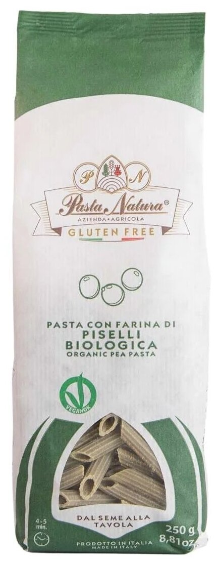 PASTA NATURA Мак. изд. Пенне из зелёного горошка, Без глютена, Италия 250г