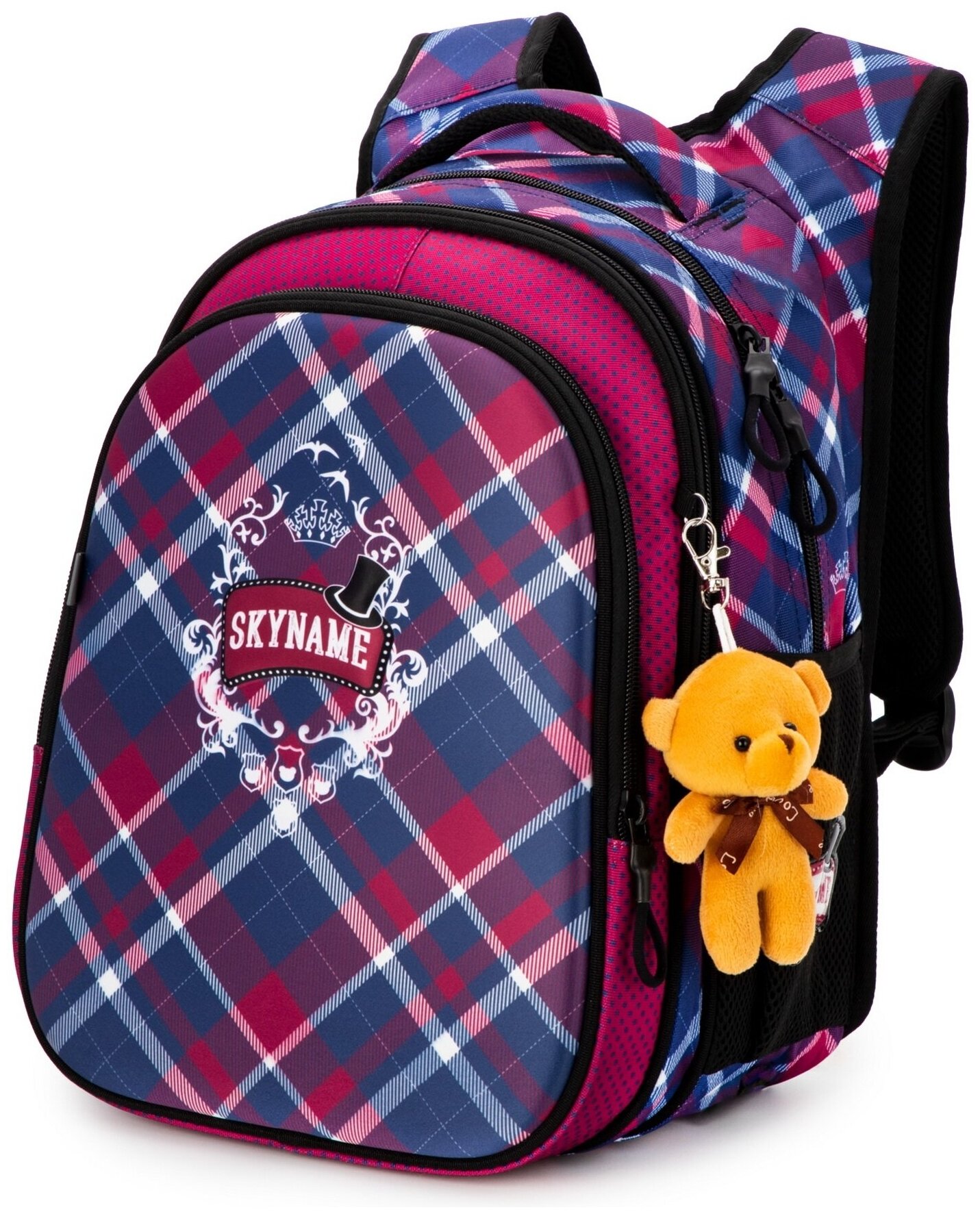 Рюкзак школьный для девочки 17.5 л для начальной школы с анатомической спинкой SkyName (СкайНейм) с брелоком-мишка