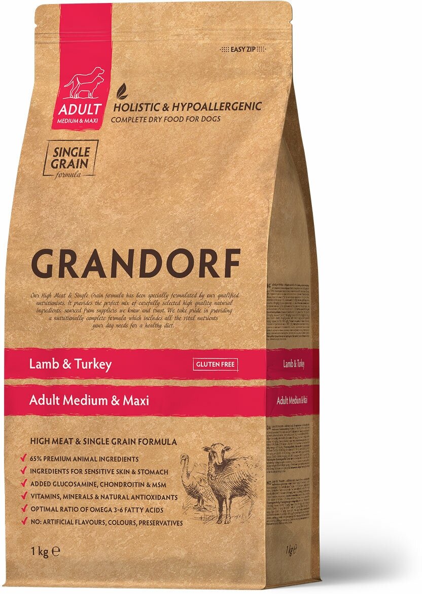 Сухой низкозерновой корм Grandorf для взрослых собак средних и крупных пород с ягненком и индейкой, 1 кг