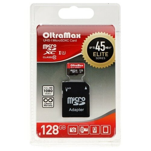 Карта памяти OltraMax MicroSD, 128 Гб, SDHC, UHS-1, класс 10, 45 Мб/с, с адаптером SD карта памяти oltramax microsd 256 гб sdxc uhs 1 класс 10 с адаптером sd