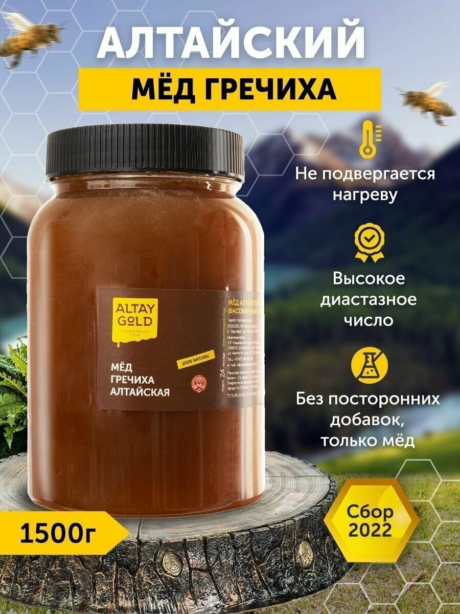 Мед натуральный, Мед Гречишный вегетарианский продукт, правильное питание Алтайский мед 2022 г., 1500 г - фотография № 1