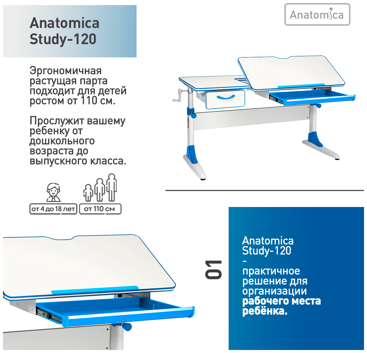 Парта Anatomica Study-120 белый/голубой - фотография № 2