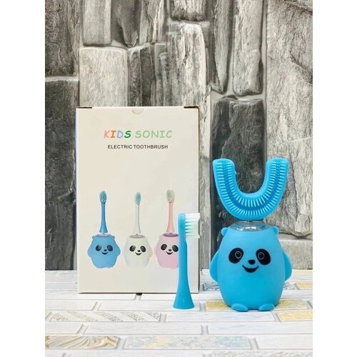 Электрическая U-образная зубная щетка, 2 насадки панда, ультразвуковая щетка, для детей. Синий