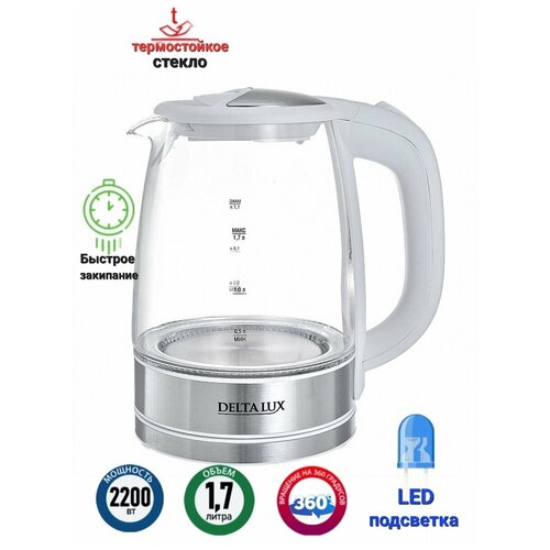 Электрический чайник DELTA LUX 17 л стеклянный белый 225000₽