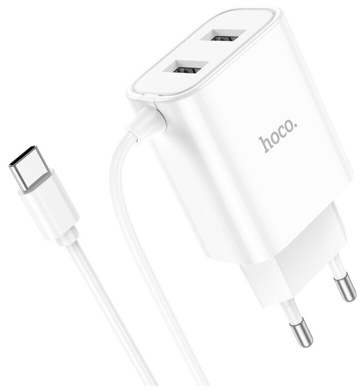 Сетевое зарядное устройство HOCO C103A Courser dual-port charger with built-in cable (Type-C) кабель 1м., 2*2,1A, white