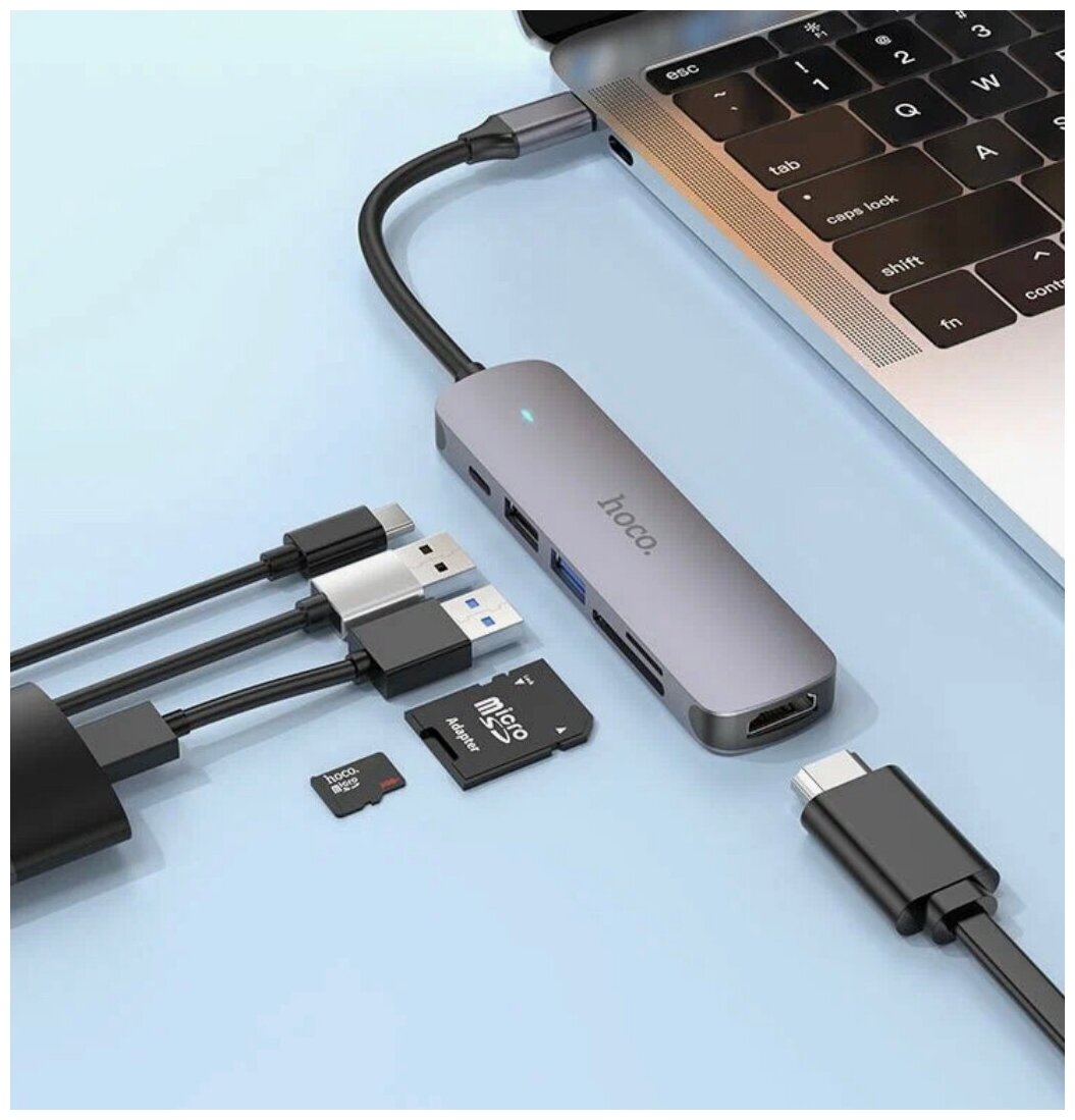 HOCO HB28/ Хаб 6 в 1/ USB 20 1 USB 30 Type-C Card Reader SD Micro SD HDMI серый металл оригинал