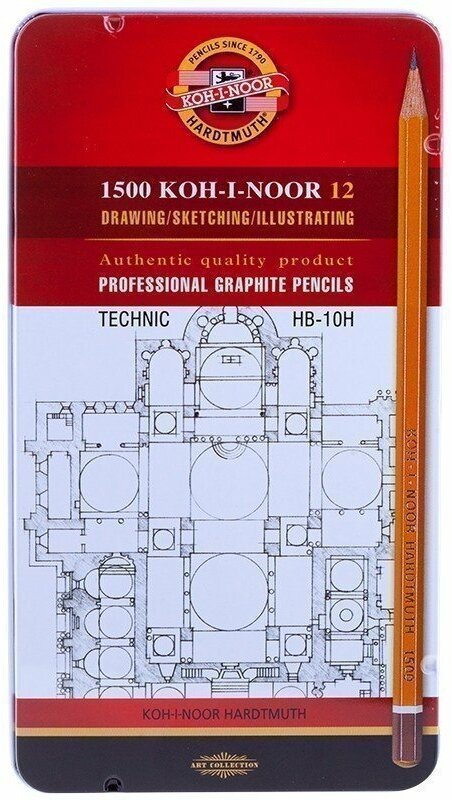 Набор карандашей ч/г Koh-I-Noor "1500 Technic", 12шт, HB-10H, заточен, метал. пенал