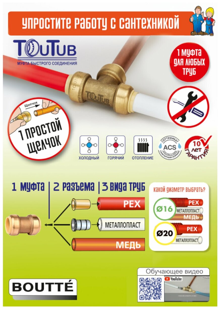 Boutte Вставка для соединителя Toutub МетПласт d20 мм латунь - фотография № 3