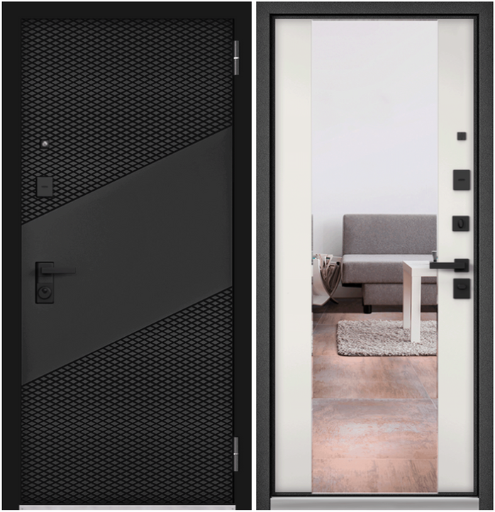 Дверь входная для квартиры Buldoors TRUST ECO 860х2050 правый, тепло-шумоизоляция антикоррозийная защита замки 4-го и 2-го класса,зеркало,черный/белый - фотография № 1