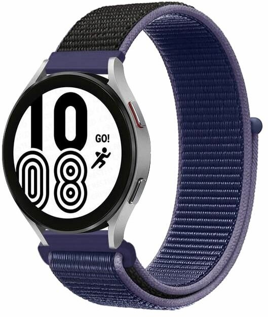 фото Ремешок для смарт-часов универсальный 20 мм нейлоновый тканевый браслет Xiaomi Samsung Huawei Honor, темно-синий с фиолетовой полоской