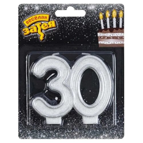 Свеча-топпер для торта Riota на день рождения женщине/мужчине на 30 лет/юбилей, серебряная, цифра 30, 7 см