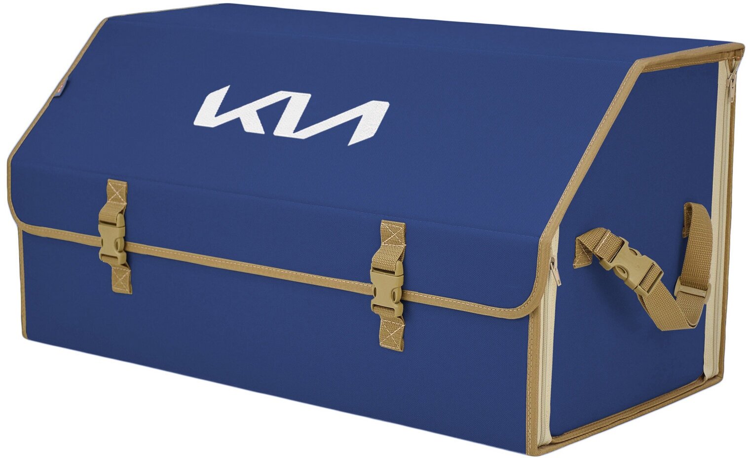 Органайзер-саквояж в багажник "Союз" (размер XL Plus). Цвет: синий с бежевой окантовкой и вышивкой KIA (КИА).