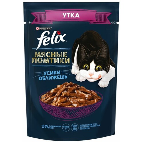 Корм консервированный полнорационный FELIX Мясные Ломтики. для взрослых кошек, с уткой, Пауч, 75г, 24 шт.