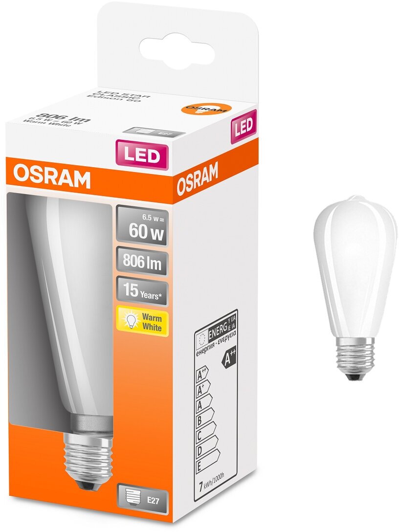 Лампочка светодиодная Osram 4W=40W 220V E27 Капля матовая ST64 470Лм Филаментная 2700K упаковка 1шт