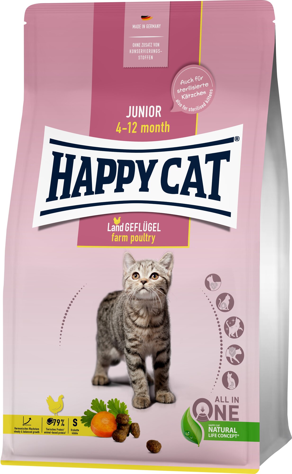 Корм сухой Happy Cat Junior для котят всех пород (от 4х до 12 месяцев) с фермерской птицей 300г