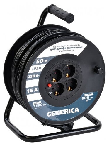 Удлинитель силовой на катушке Generica 4х50м 2P+PE 16А УК50 с термозащ. 3х1.5кв. мм WKP20-16-04-50-G