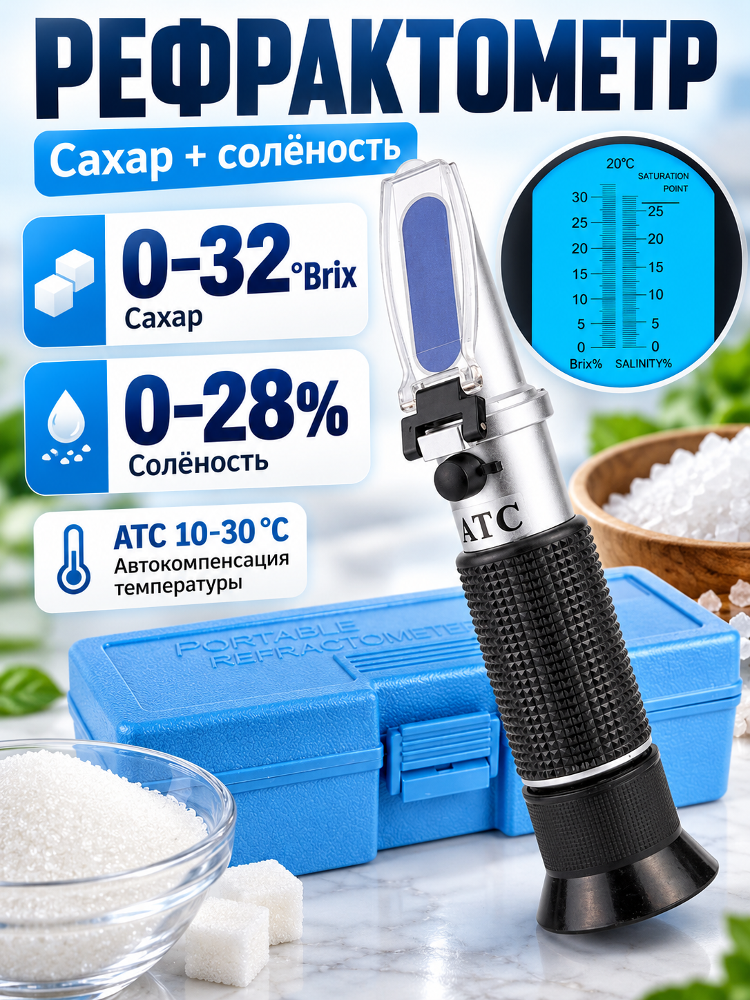 Ручной рефрактометр RZ134 ATC для определения конц. сахара или соли в воде, шкала 32% Brix / 28% Sal