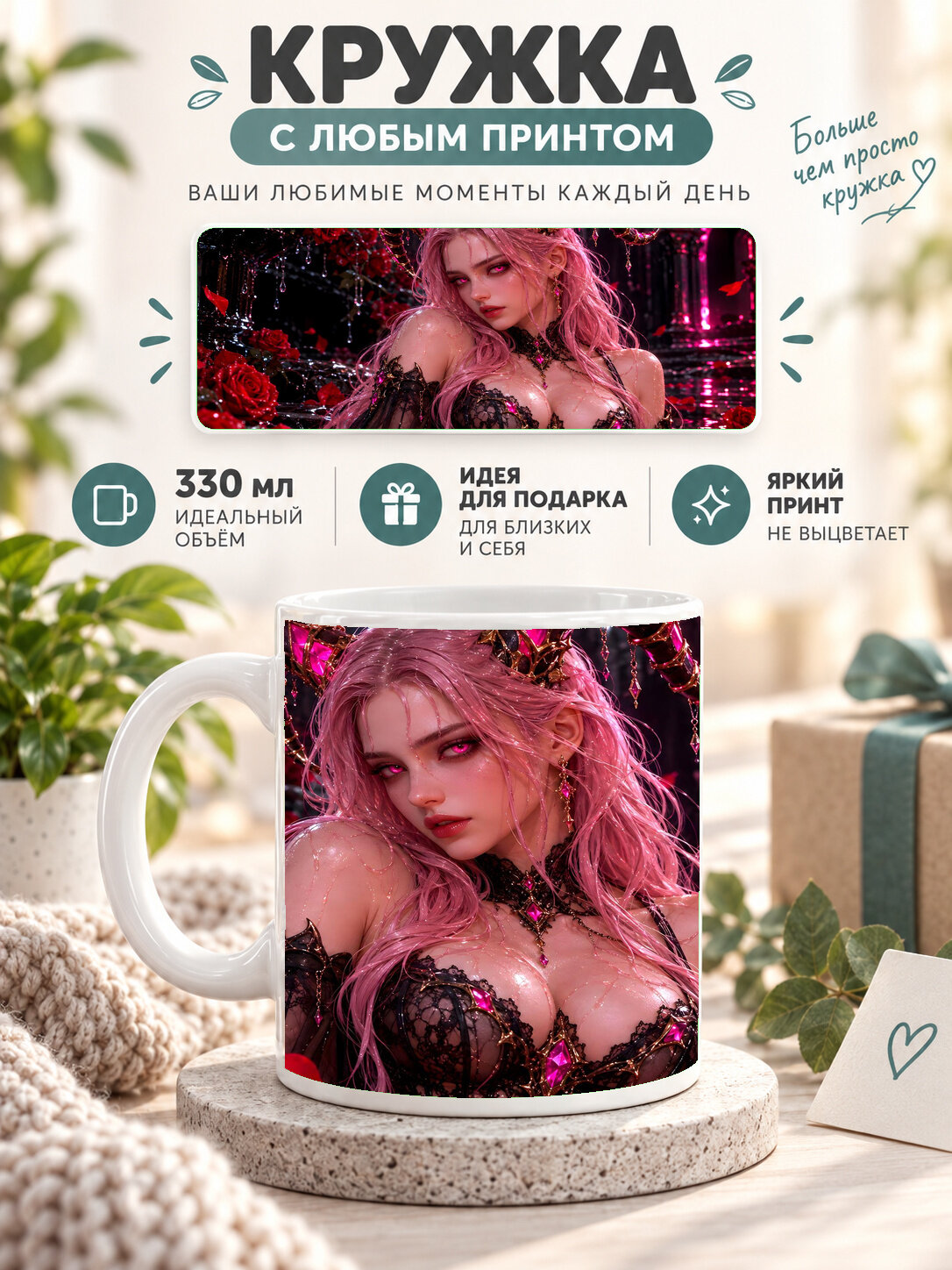 Кружка керамическая 330 мл белая с принтом gothic succubus portrait with roses, для чая и кофе