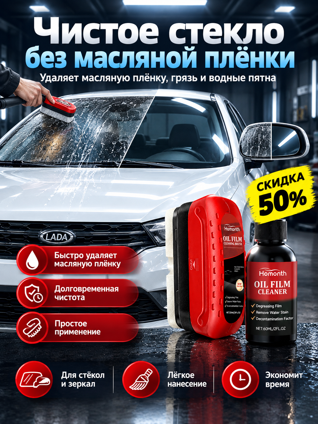 Очиститель стекол автомобиля от водного камня, налета и разводов антидождь для автостекол，1 комплект