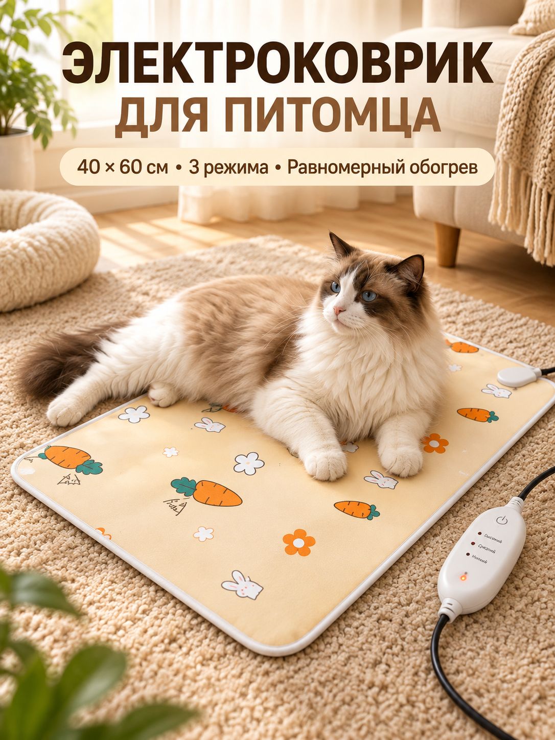 Теплый коврик для питомца с подогревом 60x40 см