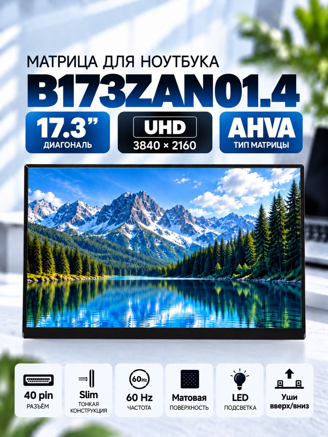 Матрица B173ZAN01.4, B173ZAN01.0, B173ZAN01.1, N173DSE-G31, 17.3" 3840x2160 (UHD) матовая