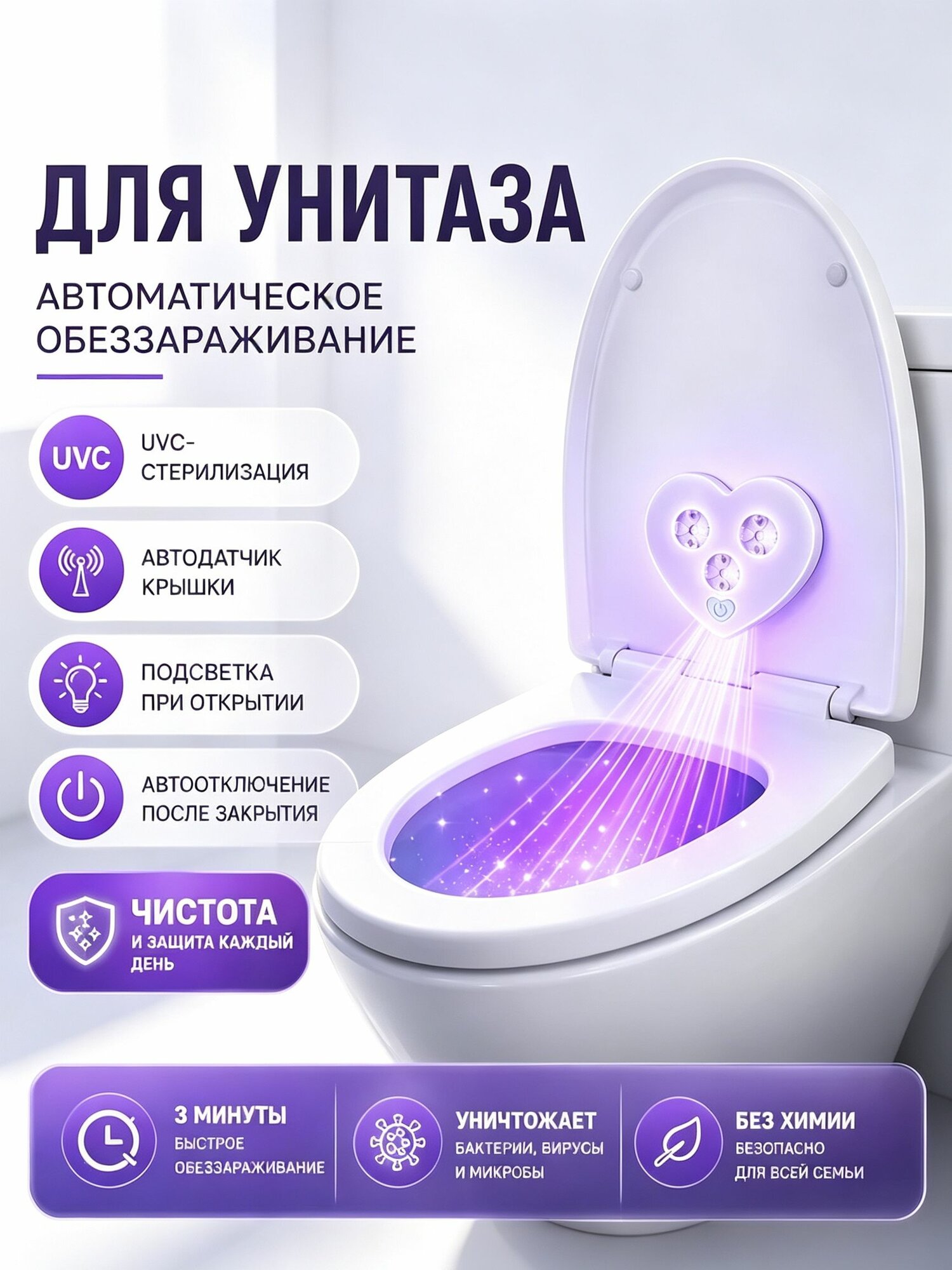 Стерилизатор для унитаза УФ лампа, ультрафиолетовый бактерицидный, с датчиком крышки, ночник, автоматический, для туалета