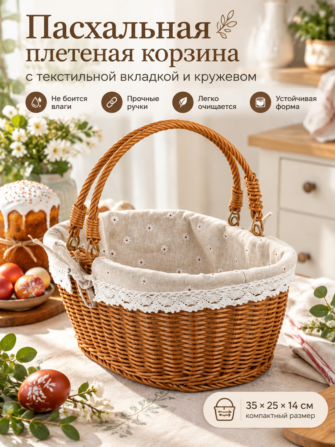 Пасхальная плетеная корзина с текстильной вкладкой и кружевом, 35×25×14 см, для яиц и хранения