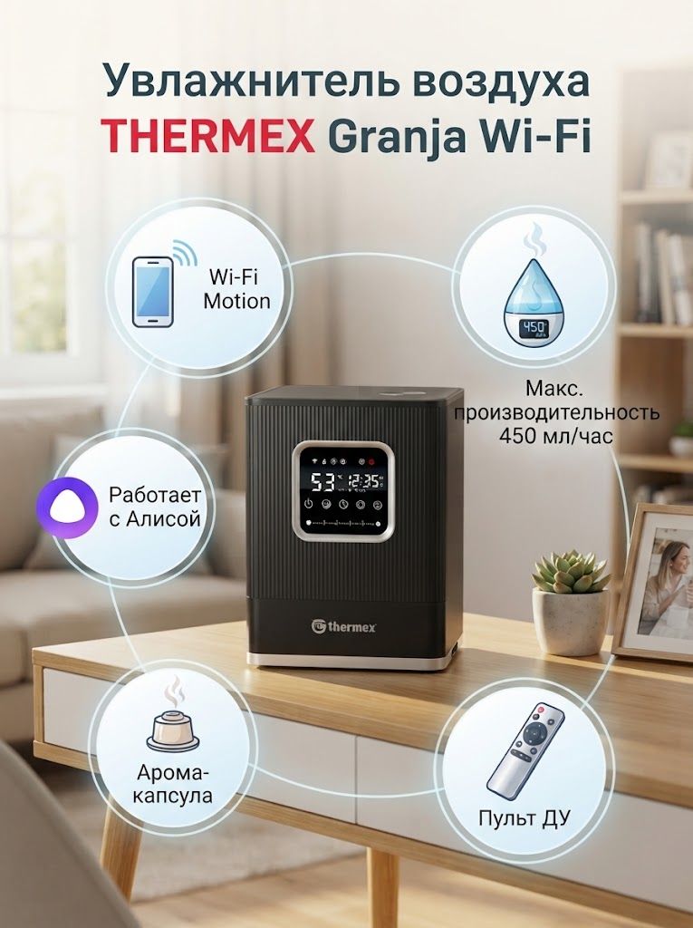Увлажнитель воздуха THERMEX Granja Wi-Fi, с аромакапсулой, черный