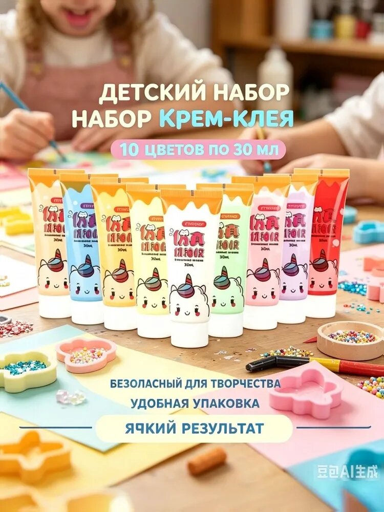 Цветной крем-клей для детских рукоделий DIY объемом 30 мл в наборе из 10 тюбиков; пластичный состав, разноцветные оттенки, для декора, слаймов и поделок