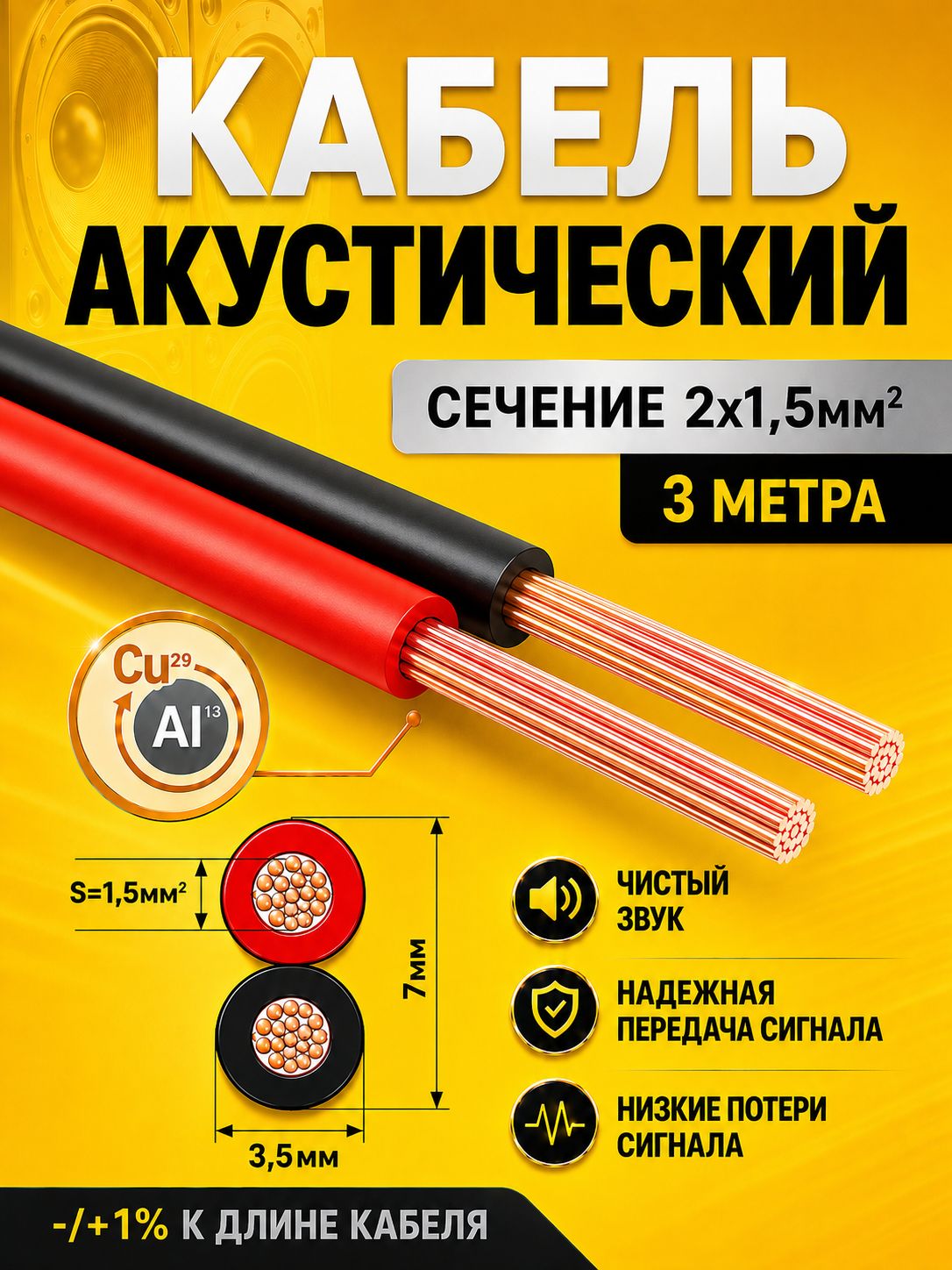 Кабель акустический двужильный 2х1,5 длина 3 метров; провода для автозвука; акустический провод швпм