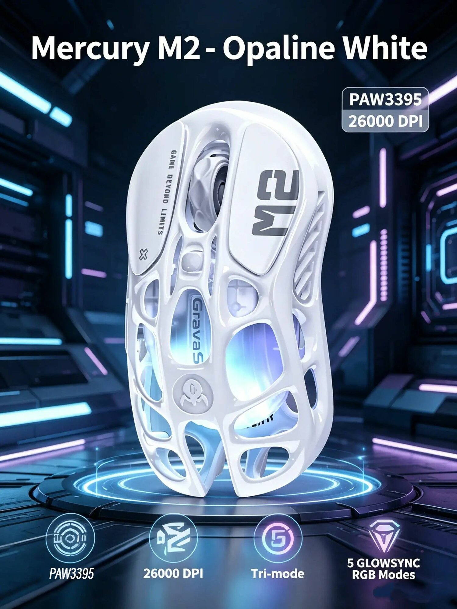 Игровая мышь беспроводная M2(Opaline White), 26000 DPI, PAW3395, Bluetooth/Wi-Fi/Проводное Подключение, RGB Подсветка, белый