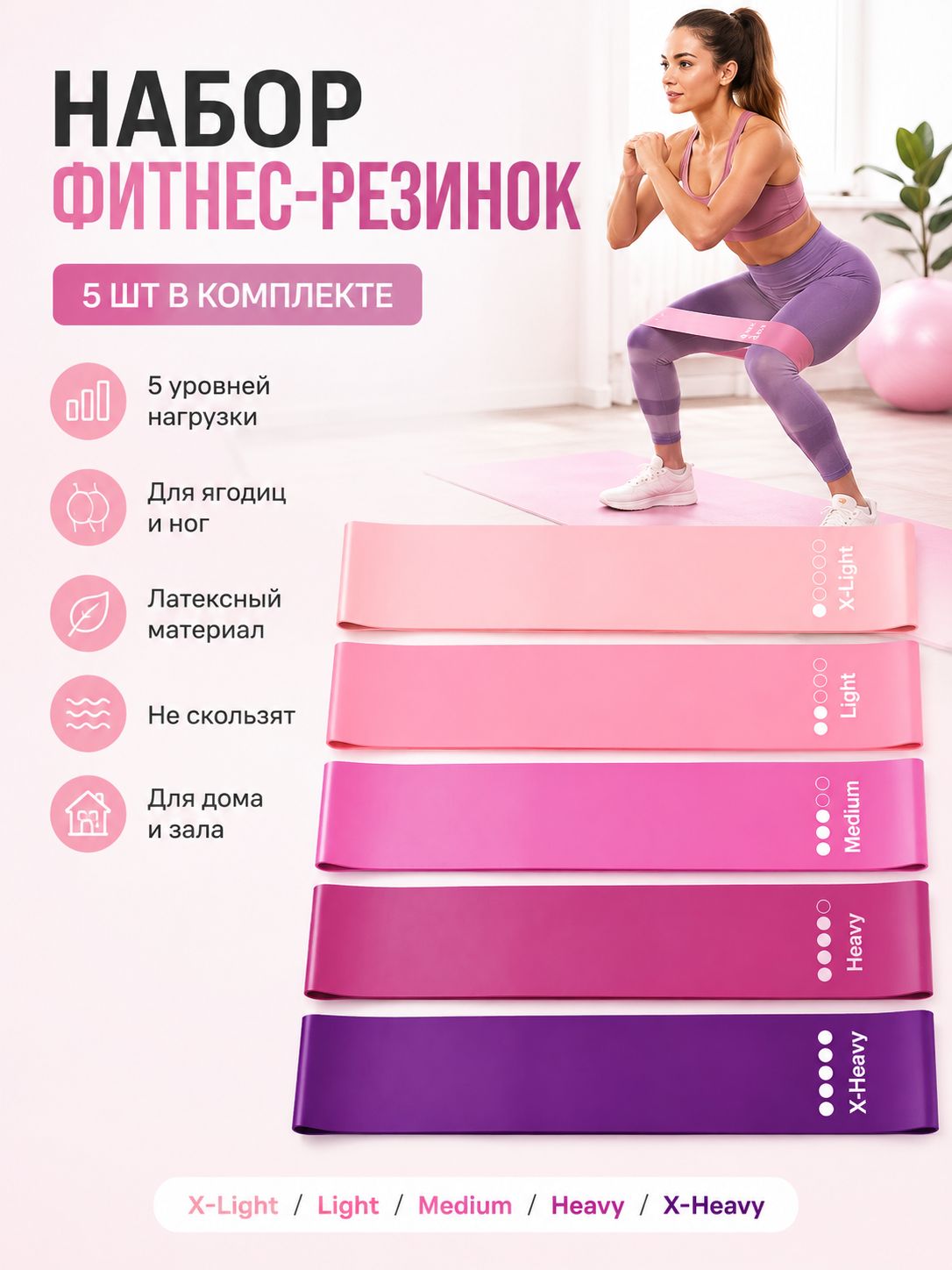Фитнес-резинки 5 шт, 5 уровней сопротивления, для ягодиц и ног
