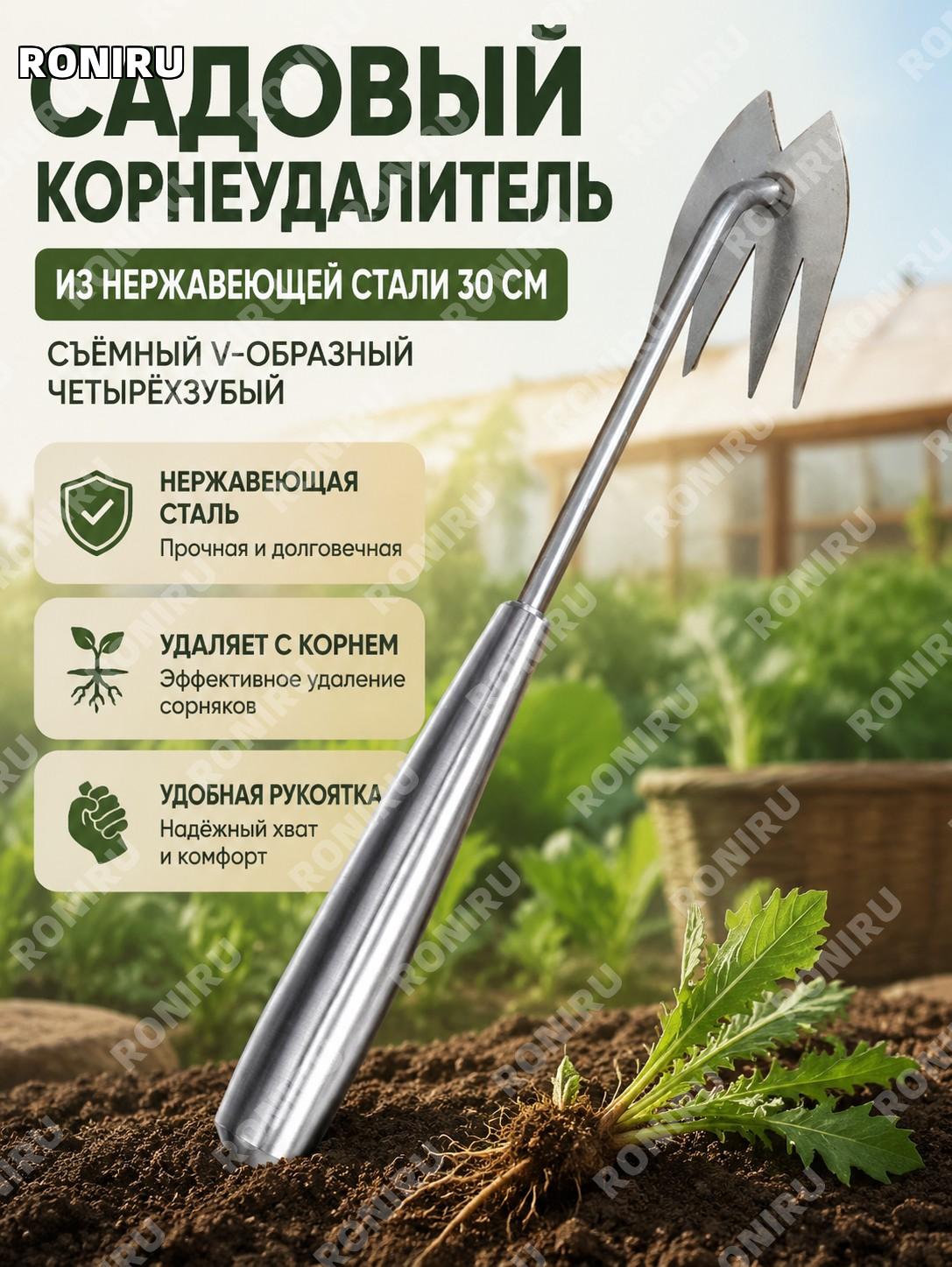 Четырёхзубый V-образный пропольник 30 см из нержавеющей стали, разборный рыхлитель и инструмент удаления сорняков