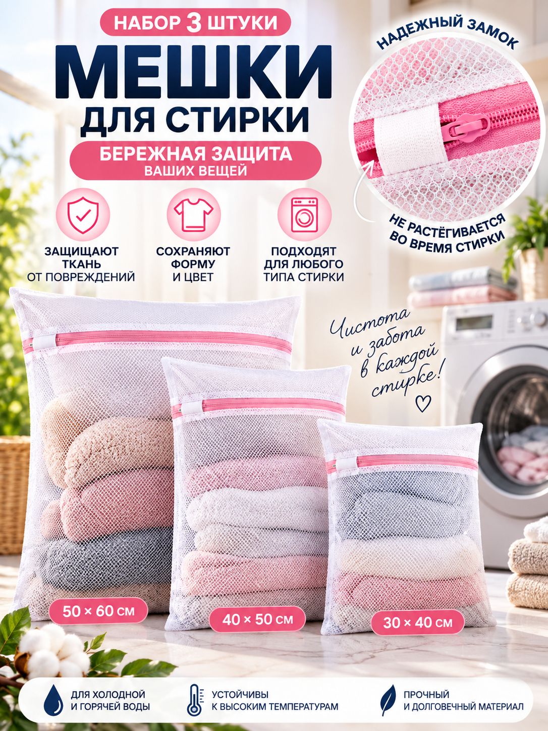 Мешок для стирки длина 60 см, ширина50 см, 3 шт.