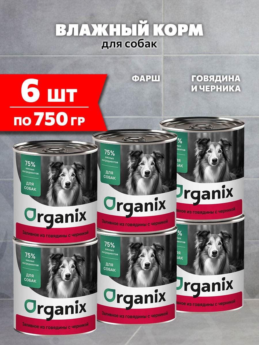 Корм влажный Organix для взрослых собак заливное, говядина, черника, 750 г 6 шт