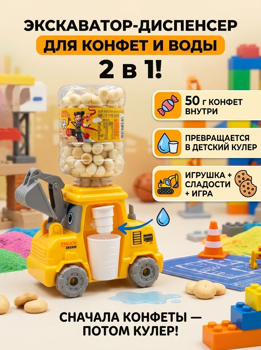 Конфеты с игрушкой экскаватор-диспенсер для воды 1 шт