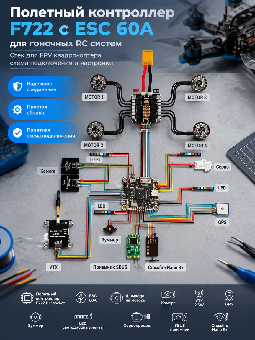 Полетный контроллер F722 с ESC 60A: стек для FPV квадрокоптера, схема подключения и настройки