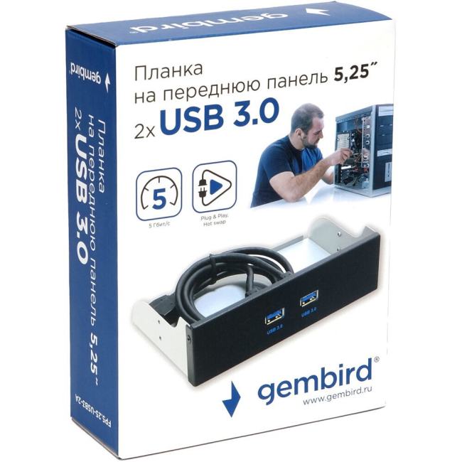 FP5.25-USB3-2A Планка USB 3.0 на переднюю панель 5.25" Gembird, FP5.25-USB3-2A, 2 порта USB, коробка — фото 1