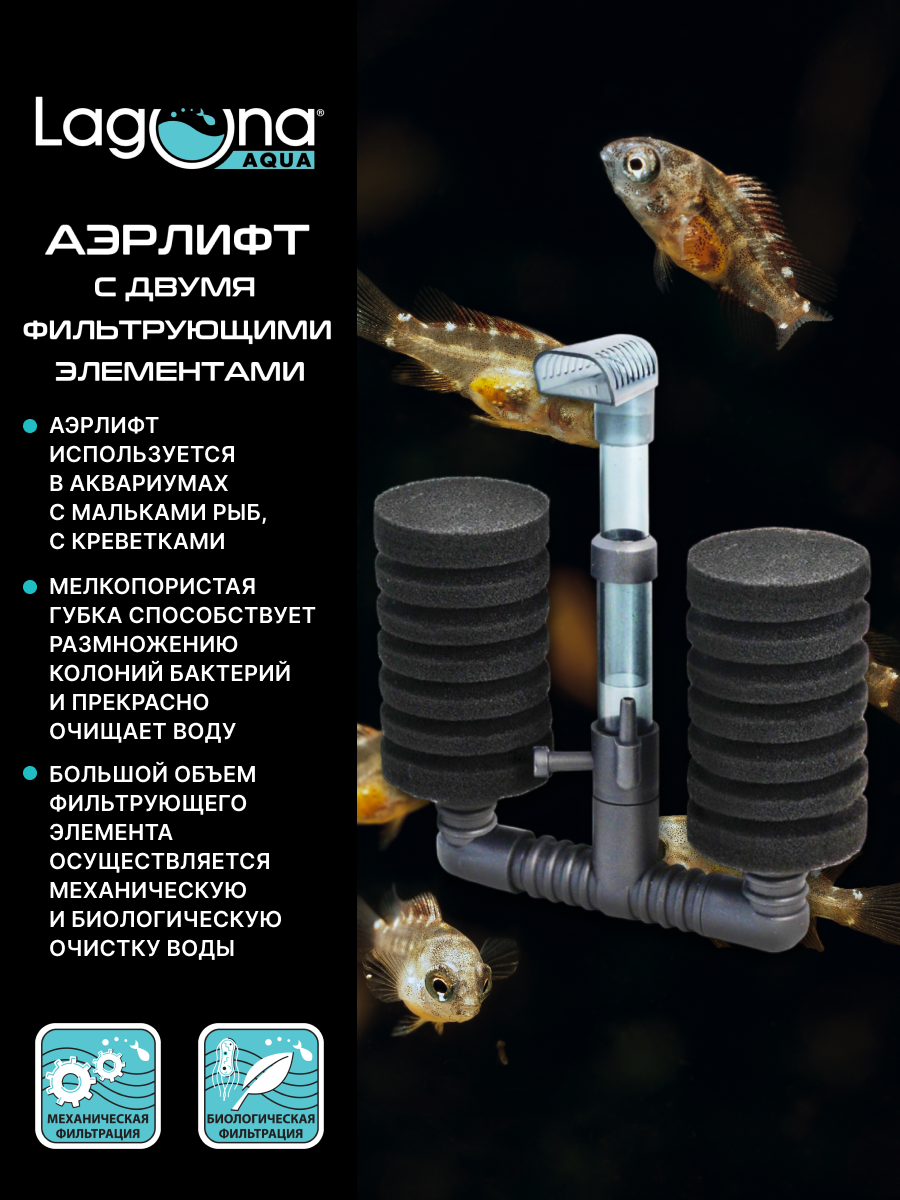 Аэрлифт для аквариума с двумя фильтрующими элементами 732IF, 14*14*5см, Laguna AQUA — фото 1