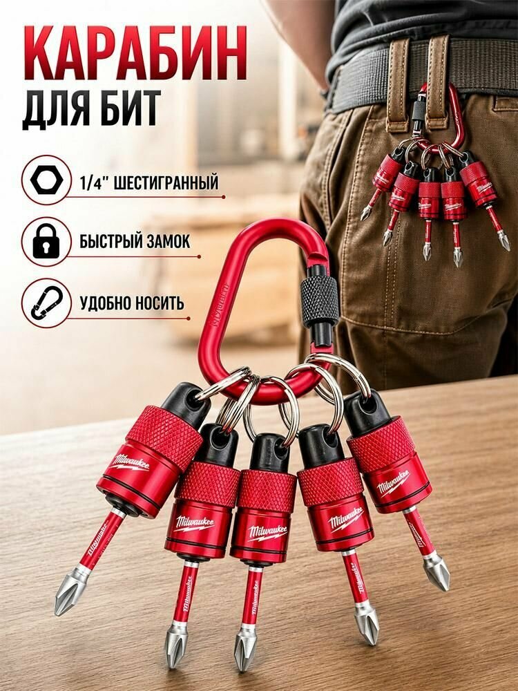 Красный держатель Milwaukee для шестигранных бит 1/4", компактный адаптер с кольцом и ударопрочной конструкцией