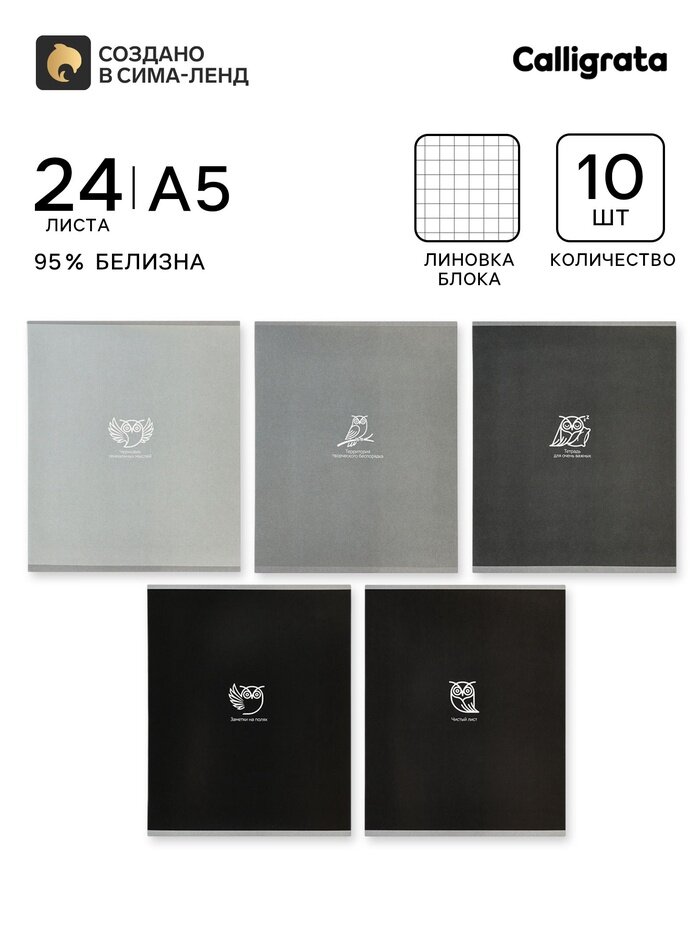 Calligrata Тетради 10 штук, 24 листа в клетку Совы, блок офсет, 5 видов