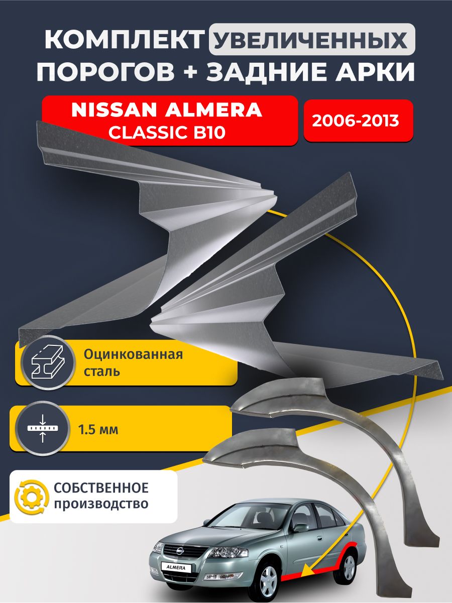 Комплект увеличенных ремонтных порогов и задних ремонтных арок (0.8 мм), на Nissan Almera Classic B10 2006-2013 (полный профиль Альмера Классик Б10). Оцинкованная сталь 1.5 мм.