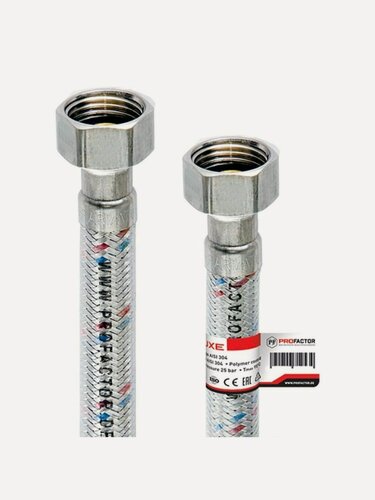 Изображение товара Подводка для воды ProFactor 1/2" 1 м, г-г, нержавеющая сталь и полимер, для смесителя, унитаза, горячей и холодной воды