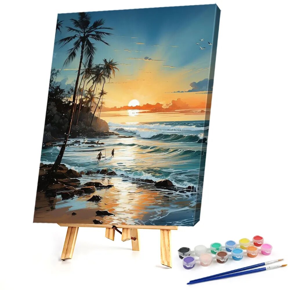 Цифровая живопись Sunset Surf at the Beach , 40 50 см, без рамы, с красками и кистями