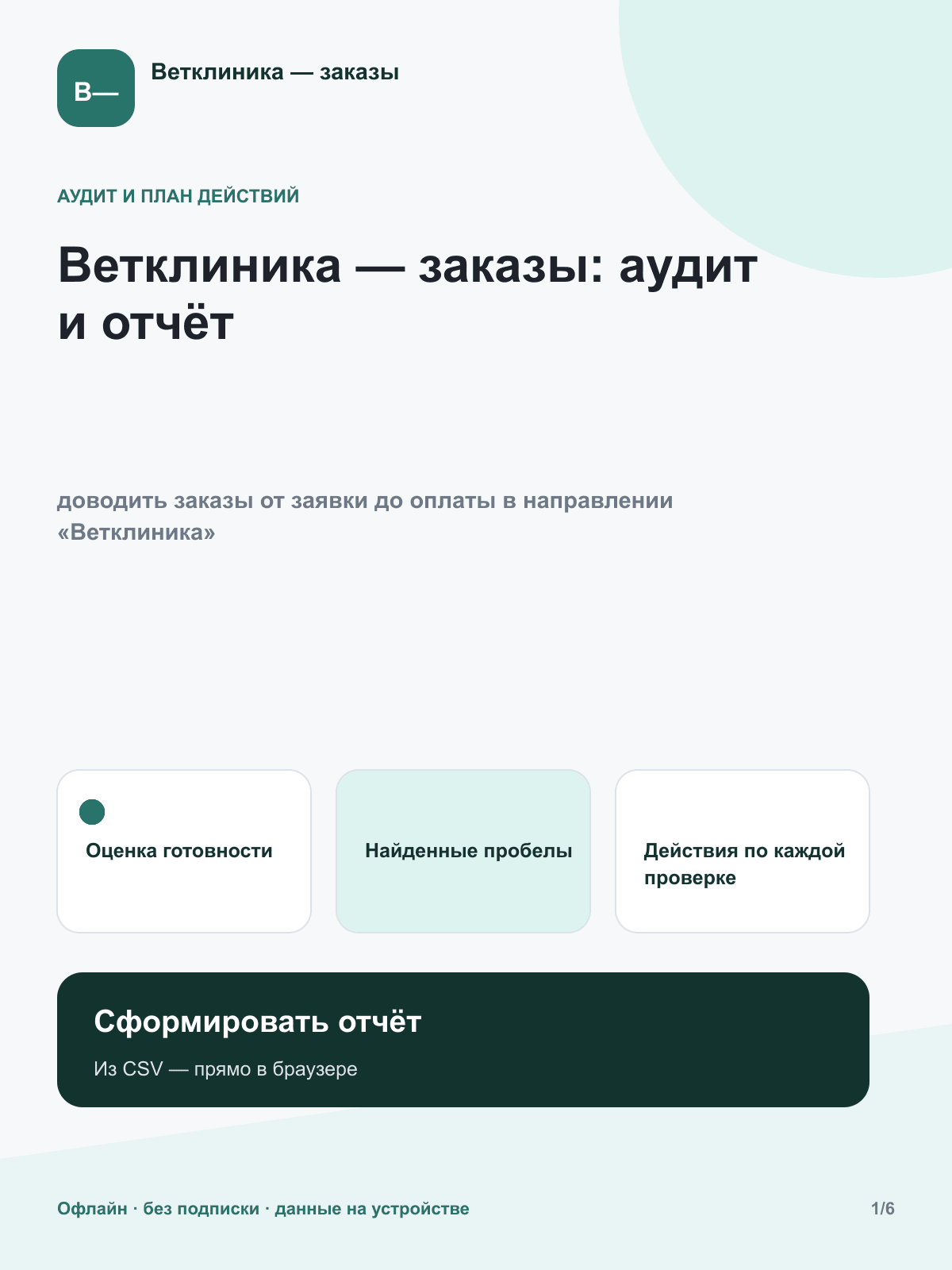 Ветклиника — заказы: аудит и отчёт