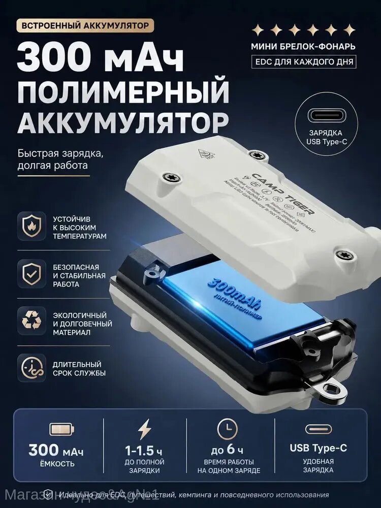 Фонарь-брелок YM-M12, 300 лм, 6 режимов, IPX4, встроенный аккумулятор, 5x2.5x1.5 — фото 1