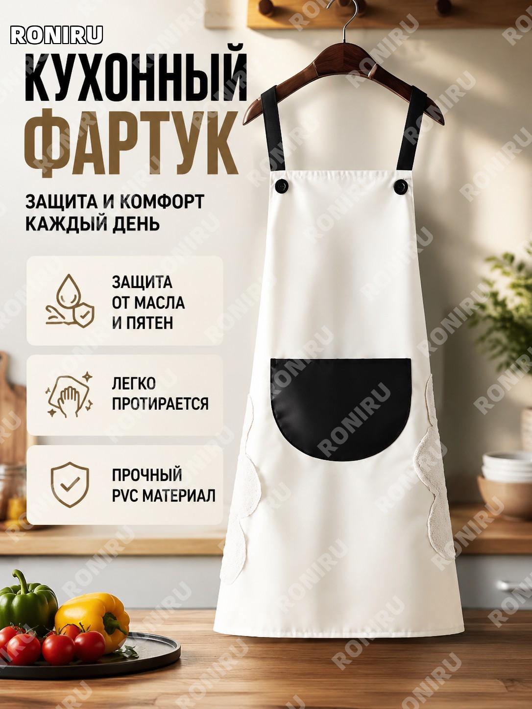 Фартук кухонный защитный бело-черный 1 шт PVC для готовки и работы дома, обычная модель для женщин и мужчин в быту