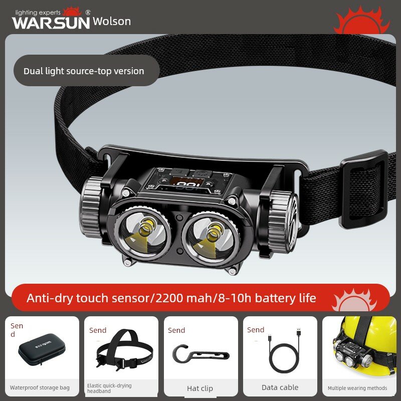 Фонарь на лоб Walsner Dual Light 2000LM, 8-10ч, сенсор, дисплей, чехол, эластичный ремешок, зажим для кепки, для рыбалки