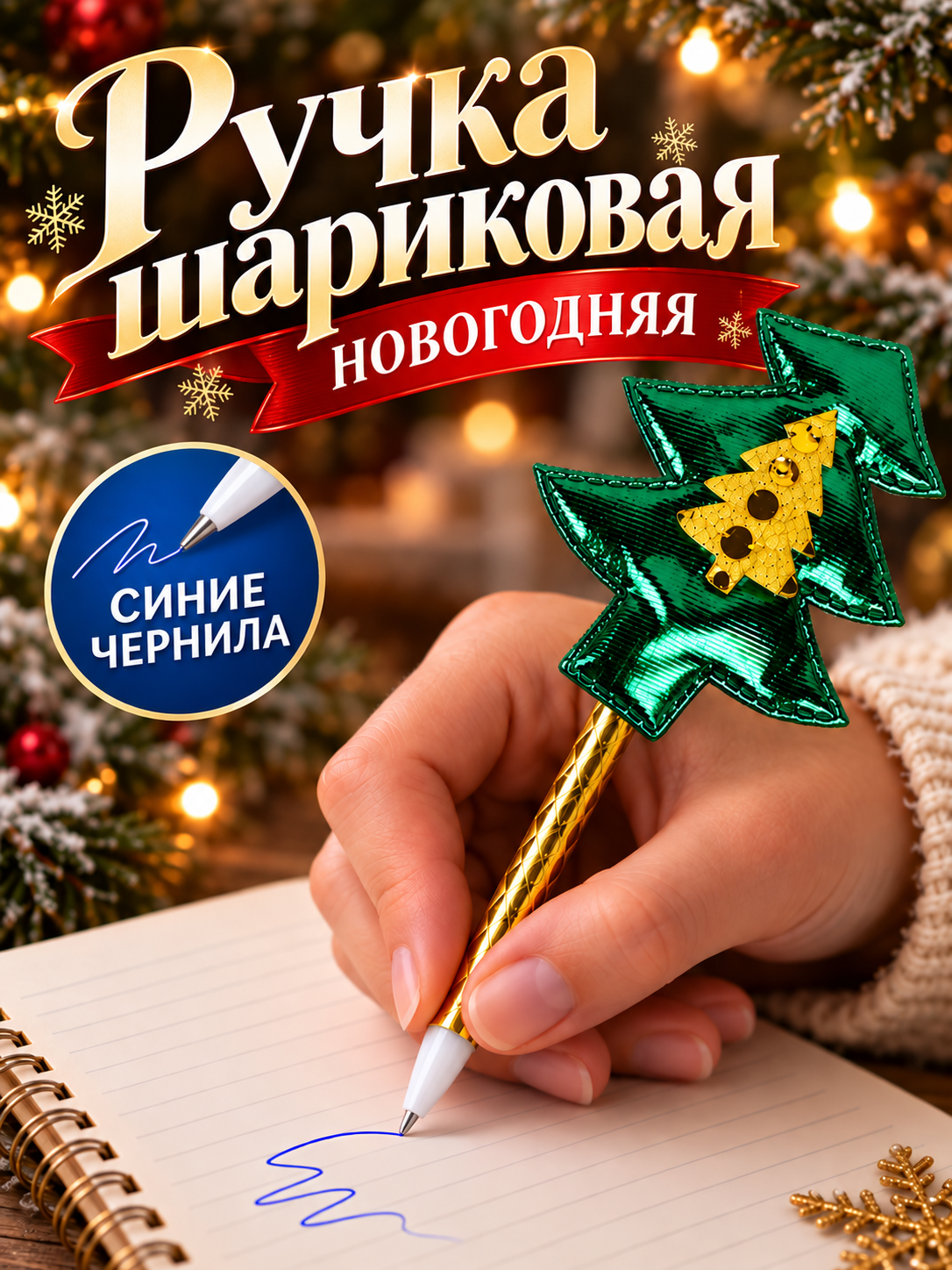 Шариковая ручка новогодняя с декором 23 см, синие чернила